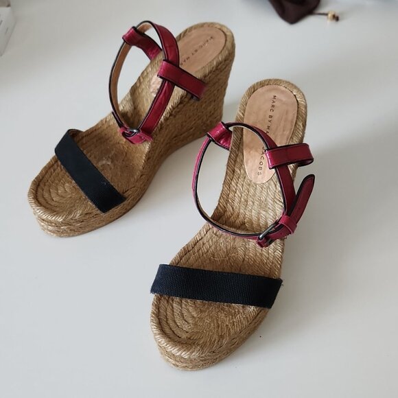 MARC JACOBS| Leather Raffia Wedge Sandals Espadrilles pink black sz 40 - Picture 2 of 6
